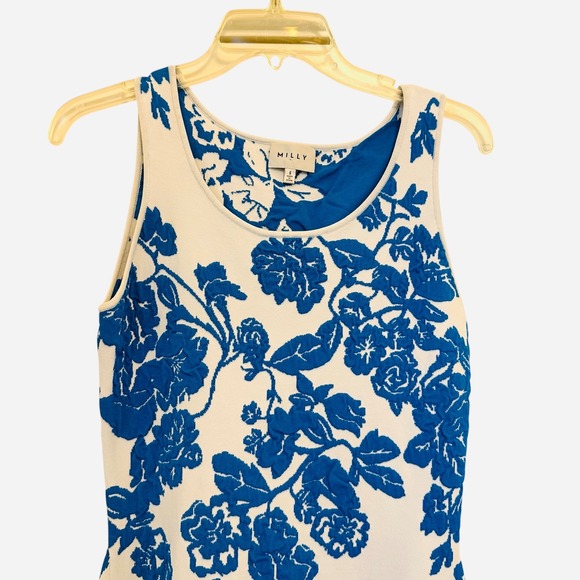 Milly Floral Jacquard Floral Fit Flare Dress Small Blue White Sleeveless Knit - Picture 5 of 15